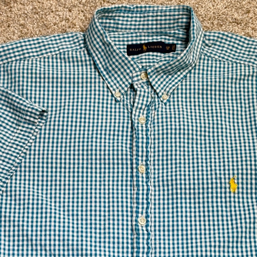 Ralph Lauren Button Down Shirt Mens 2XB Gingham Teal Short Sleeve Big & Tall